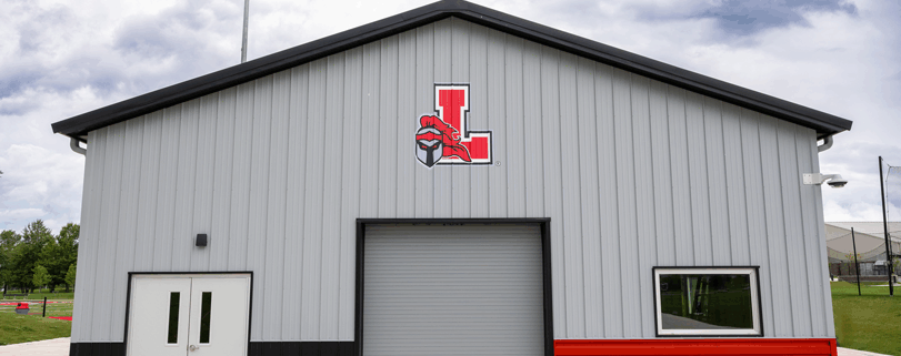 Front view of the Lancaster High School athletic field building