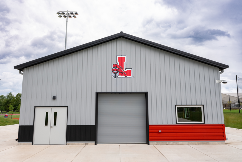 Front view of the Lancaster High School athletic field building