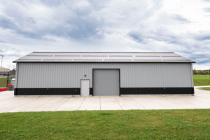 Side view of the Lancaster High School athletic field building
